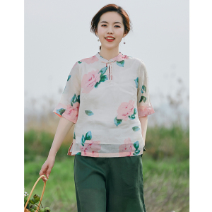 苎麻上衣女2021夏装新款复古中国风女装宽松七分袖亚麻高贵小衫