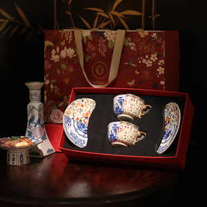 送国外朋友新中式中西合璧咖啡杯碟斗彩青花陶瓷礼盒装仙鹤咖啡杯