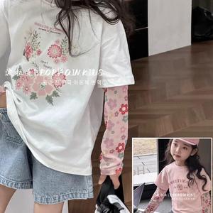 韩国童装女童短袖t恤2024新款夏季女孩洋气儿童假两件防晒袖子潮
