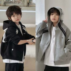波拉bora韩国童装戴帽卫衣男童黑色外套2024新款春装拉链衫春秋季
