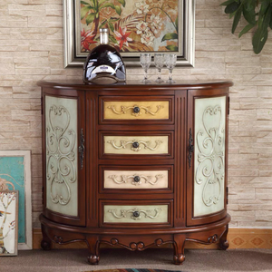 金色美式半圆柜入户门厅玄关柜彩绘抽屉式收纳柜子装饰柜浮雕窄柜