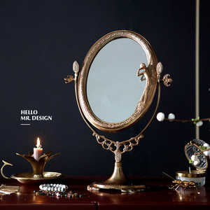 印度进口雕花铜镜复古化妆镜台式单面镜轻奢卧室台面装饰品梳妆镜