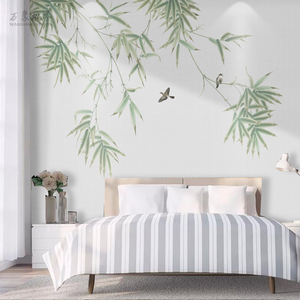 5d新中式现代简约壁纸淡雅竹子墙布手绘花鸟墙纸客厅卧室床头壁画