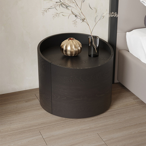 圆形床头柜意式简约烟熏色木纹家用卧室创意落地床边一体储物斗柜