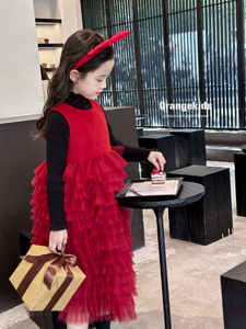 儿童圣诞元旦新年装23冬季新款女童黑金打底衫红色蓬蓬加绒背心裙
