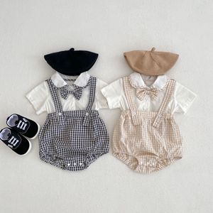 夏装婴幼儿童连体衣服女宝宝娃娃领拼格子假两件三角哈衣爬服