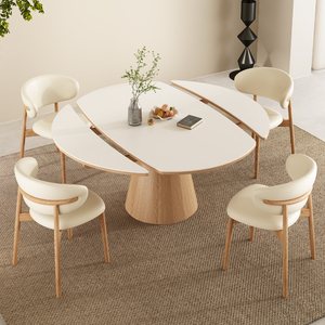 原木奶油风岩板伸缩餐桌功能实木可折叠小户型饭桌方变圆两用餐台