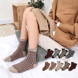 秋冬厚款兔羊毛千鸟格堆堆袜复古卷边口女袜舒适短袜