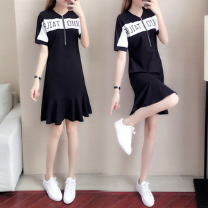 黑色纯棉休闲运动连衣裙女夏立领气质收腰显瘦中长款鱼尾t恤裙子
