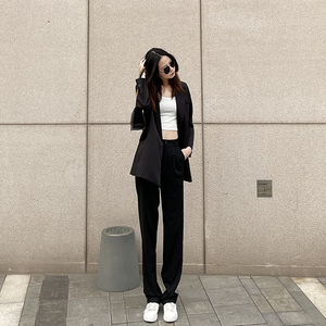 佑斯2021秋冬高腰显瘦西装裤黑色直筒加长拖地休闲裤女宽松阔腿裤