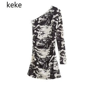 keke欧美女装 早春新款法式复古印花不对称连身裙 2129007 064