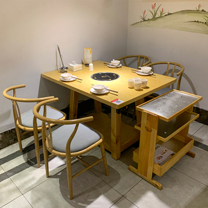 串串香麻辣烫大理石火锅桌椅子电磁炉一体饭店天然气实木餐桌定制