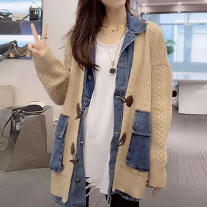 慵懒风毛衣外套女秋冬复古宽松设计感小众假两件牛仔拼接针织开衫