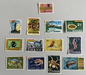 加纳邮票 1959年 风情 大套票信销 鸟类兰花可可豆 10先鱼枚齿黄