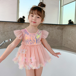 女童粉色超仙公主风连体游泳衣裙宝宝2022新款走秀泳衣小女孩泳装