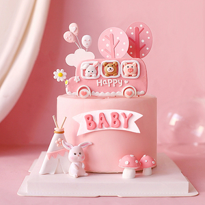 网红生日蛋糕装饰摆件baby动物巴士兔子小熊蘑菇插件卡通插牌配件