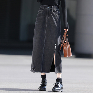 黑色牛仔裙半身裙女秋冬2021新款中长款开叉高腰a字裙一步长裙子