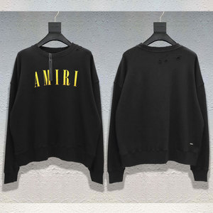 美潮amiri 黄色渐变字母logo欧美圆领破洞磨毛长袖套头宽松卫衣男