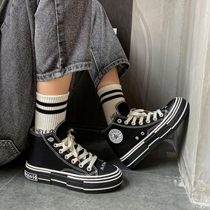 黑白cei黑色高帮帆布鞋女学生百搭潮鞋韩版ulzzang板鞋2020秋女鞋