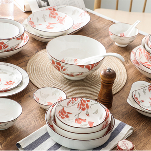 碗碟套装家用4人简约北欧风餐具6人创意日式陶瓷碗盘红色碗具组合