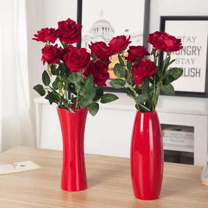 结真玫瑰餐桌居家套装婚房婚用的件花插花瓶仿客厅花装摆红色陶瓷