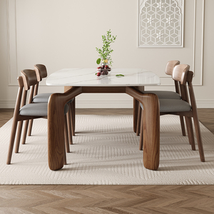 白蜡木实木岩板餐桌椅中古风长方形家用现代简约6/8人小户型饭桌