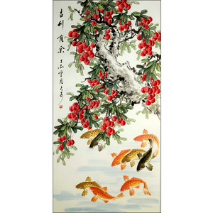 国画写意花鸟真迹手绘 荔枝鲤鱼 四尺竖幅画芯138cm*68cm