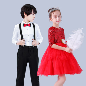 红色儿童大合唱幼儿园男女小学生公主裙表演出服装主持人钢琴礼服