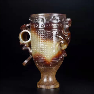 高古回流和田玉雕螭龙玉杯杯子摆件古玩宫廷茶杯古董老玉古玉收藏