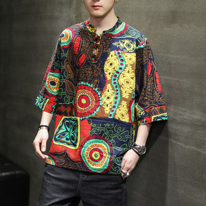 泰国男装云南风情短袖棉麻t恤西双版纳傣族服装东南亚缅甸上衣服