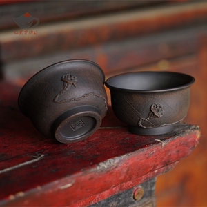 云南建水紫陶茶杯黄煊全手工制堆雕刻主人杯高档菩提纹装饰品茗杯