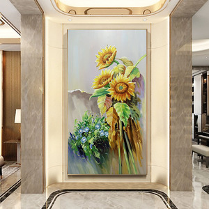 纯手绘油画别墅竖版挂画田园风格向阳花壁画复式楼挑空装饰画大气