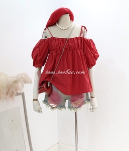 法式樱桃红浪漫吊带高级娃娃衫上衣2024夏季度假风宽松折皱衬衫女