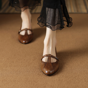 法式复古布洛克雕花丁字小皮鞋低跟平底真皮玛丽珍单鞋女2022新款