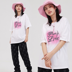 弹跳潮人 punch国潮牌字母印花小粉t恤男女情侣ins潮宽松圆领短袖