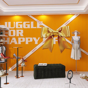 轻奢高级感橙橘色墙纸3d蝴蝶结女装服装店拍照直播间背景墙布壁纸