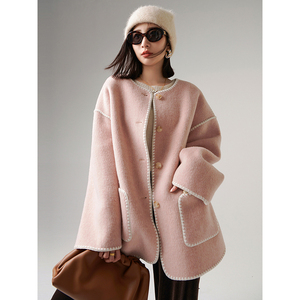 重工贝壳绣双面羊绒女大衣2023冬季新款粉色带围巾羊驼绒呢子外套