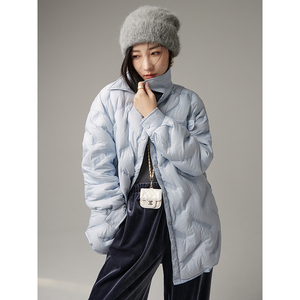 重工保暖蓝色轻薄衬衫式羽绒服2023秋冬新款廓形大衣内搭防风外套