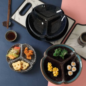 日式分格餐盘圆形三格分餐盘家用陶瓷分隔盘一人食餐具小吃拼盘