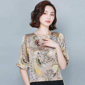 真丝上衣女短袖t恤妈妈夏装碎花桑蚕丝半袖杭州丝绸女装遮肚小衫