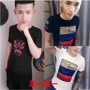 网红同款衣服男快手红人社会人小伙短袖t恤修身紧身发型师鹿皮绒