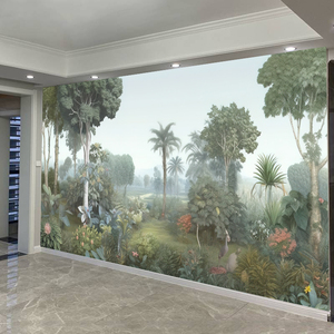 美式复古中世纪热带雨林壁布背景墙纸手绘壁画东南亚风格植物壁纸