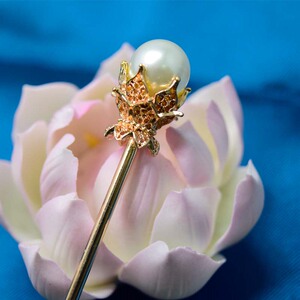 珍珠发簪古风日常盘发黛玉单簪神棍保色重瓣莲花托宝珠汉服头饰