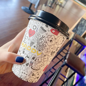 网红一次性咖啡纸杯带盖商用涂鸦奶茶纸杯子豆浆热饮杯定制印logo
