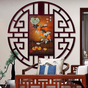 中式圆形装饰画玄关挂件东阳木雕挂饰入户门正对墙玉石画玉雕挂画