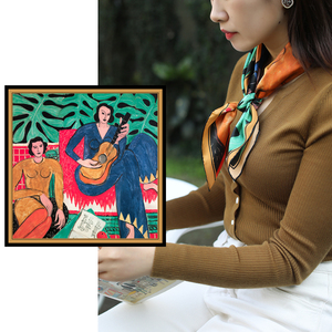 「吉他女人」油画礼品丝巾素绉缎真丝围巾女士百搭桑蚕丝方巾装饰