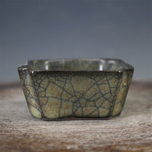 宋哥窑黄釉金丝铁线四方杯洗铁胎旧货古玩装饰仿古瓷器收藏品摆件