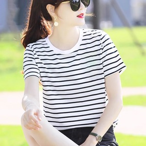黑白条纹短袖T恤女2024夏季新款横条圆领百搭宽松显瘦气质上衣潮