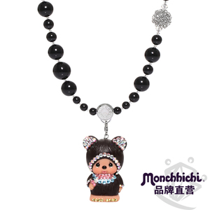 Monchhichi/萌趣趣饰品黑色仿珍珠长项链女毛衣链礼物NEC039C01