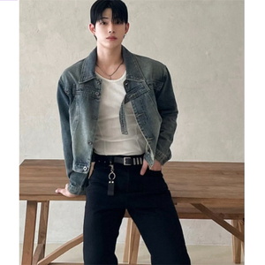 MRDONG韩国男装代购水洗不规则拼接小众设计短款复古牛仔夹克外套